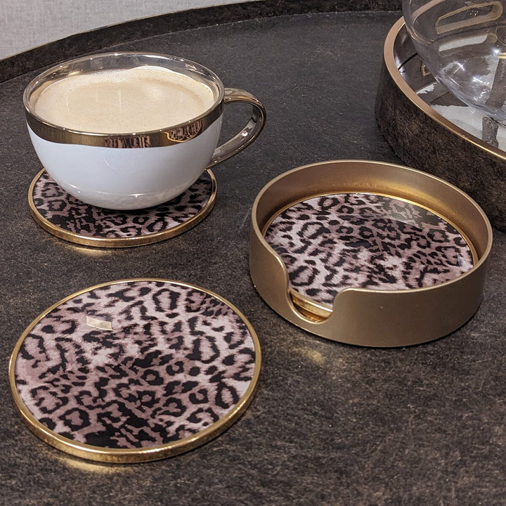 Leopard Print Coasters with Gold Holder - Set of 4 Accessories 