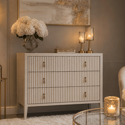 Lettos Whitewash Wooden Ribbed Front 3 Drawer Chest Furniture 