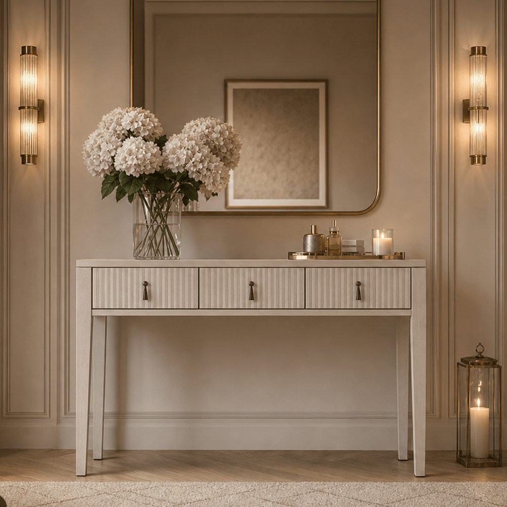 Lettos Whitewash Wooden Ribbed Front Console Table / Dressing Table Furniture 