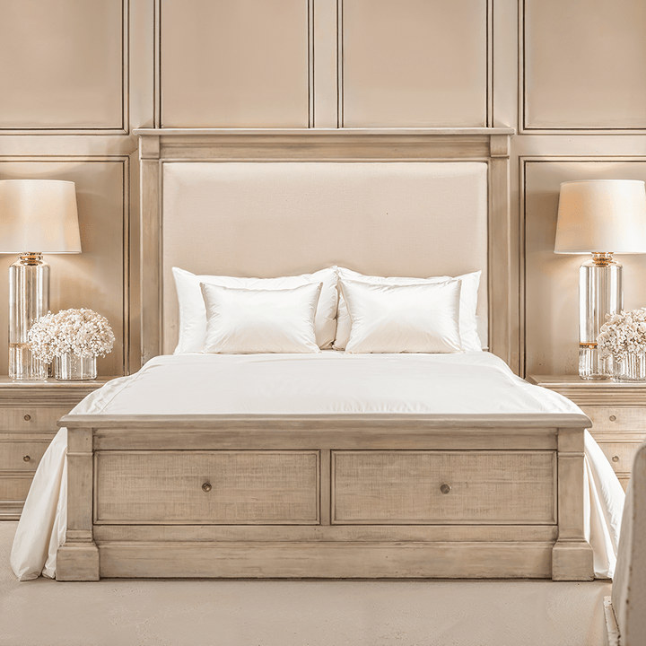 Lilliana Luxury Cream Linen & Wood Bed with Drawer Storage Beds and Headboards 