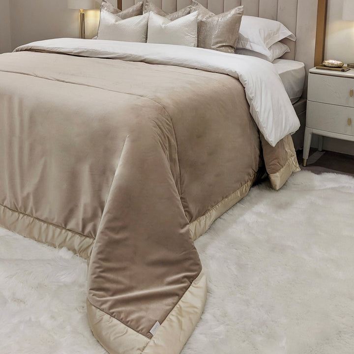 London Champagne Velvet Bedspread with Satin Border Textiles 