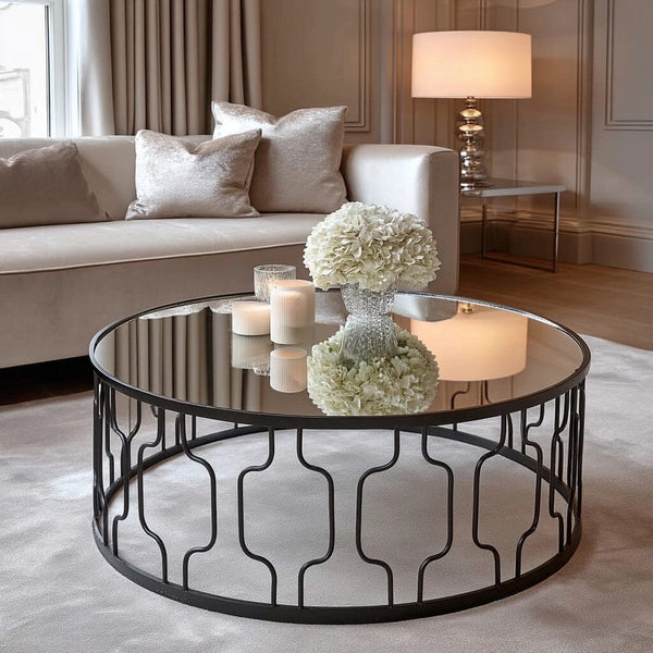 Lorenza Black Metal Coffee Table with Mirrored Top Furniture 