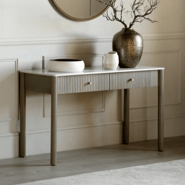 Luna Mango Wood Ribbed 2 Drawer Console Table with Marble Top Furniture 