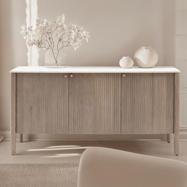 Luna Mango Wood Ribbed 3 Door Sideboard with Marble Top Furniture 