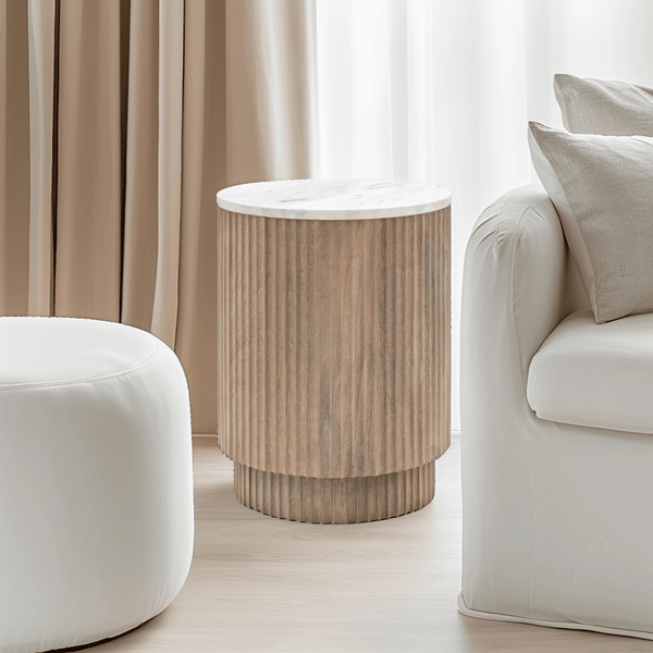 Luna Mango Wood Ribbed Round Side Table with Marble Top Furniture 