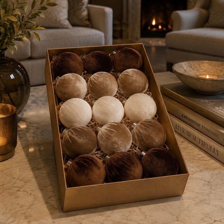 Luxury Brown & Cream Velvet Baubles - Set of 15 Accessories 