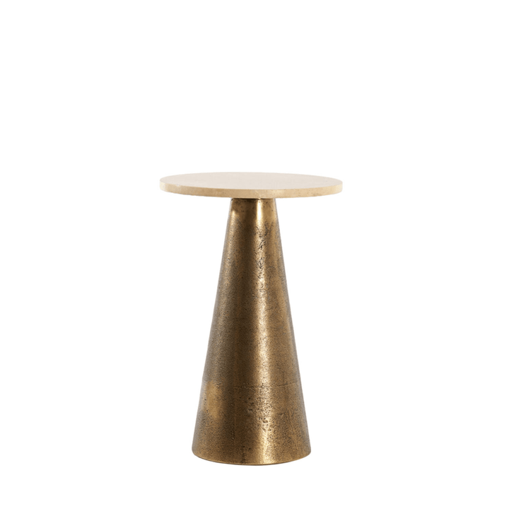 Macci Antique Brass Round Side Table with Travertine Top Furniture 