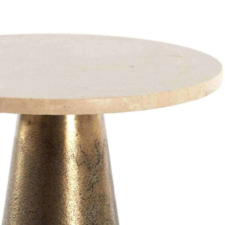 Macci Antique Brass Round Side Table with Travertine Top Furniture 