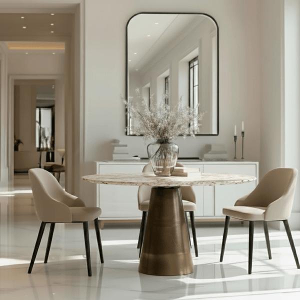 Macci Large Antique Brass Round Dining Table with Travertine Top Furniture 