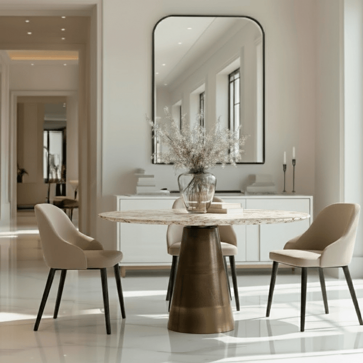 Macci Large Antique Brass Round Dining Table with Travertine Top Furniture 