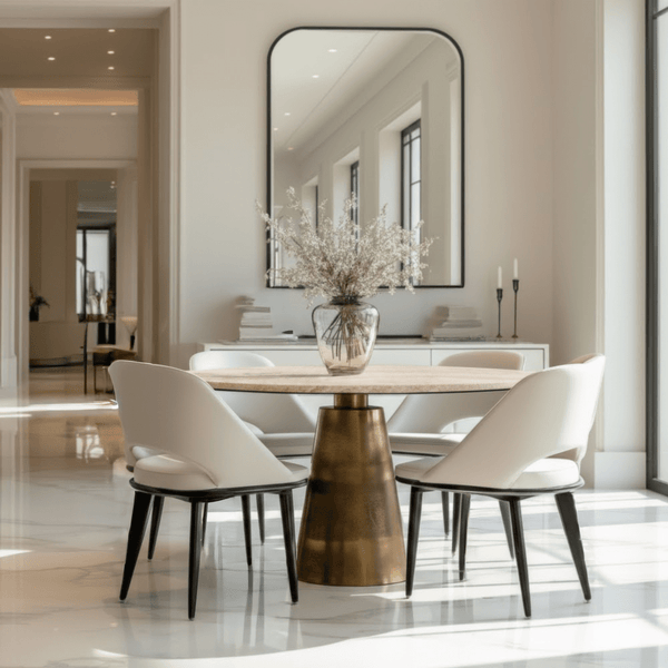 Macci Large Antique Brass Round Dining Table with Travertine Top Furniture 