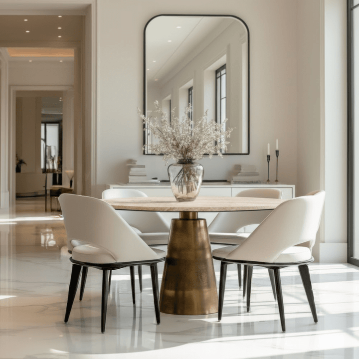 Macci Large Antique Brass Round Dining Table with Travertine Top Furniture 