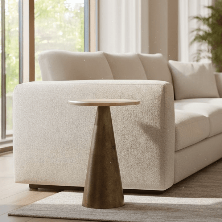 Macci Large Antique Brass Round Side Table with Travertine Top Furniture 