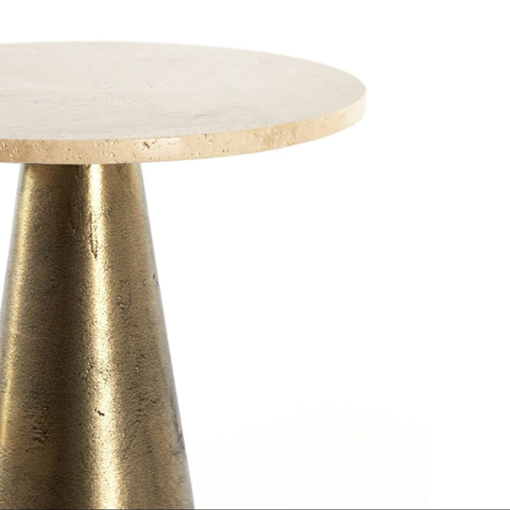 Macci Large Antique Brass Round Side Table with Travertine Top Furniture 