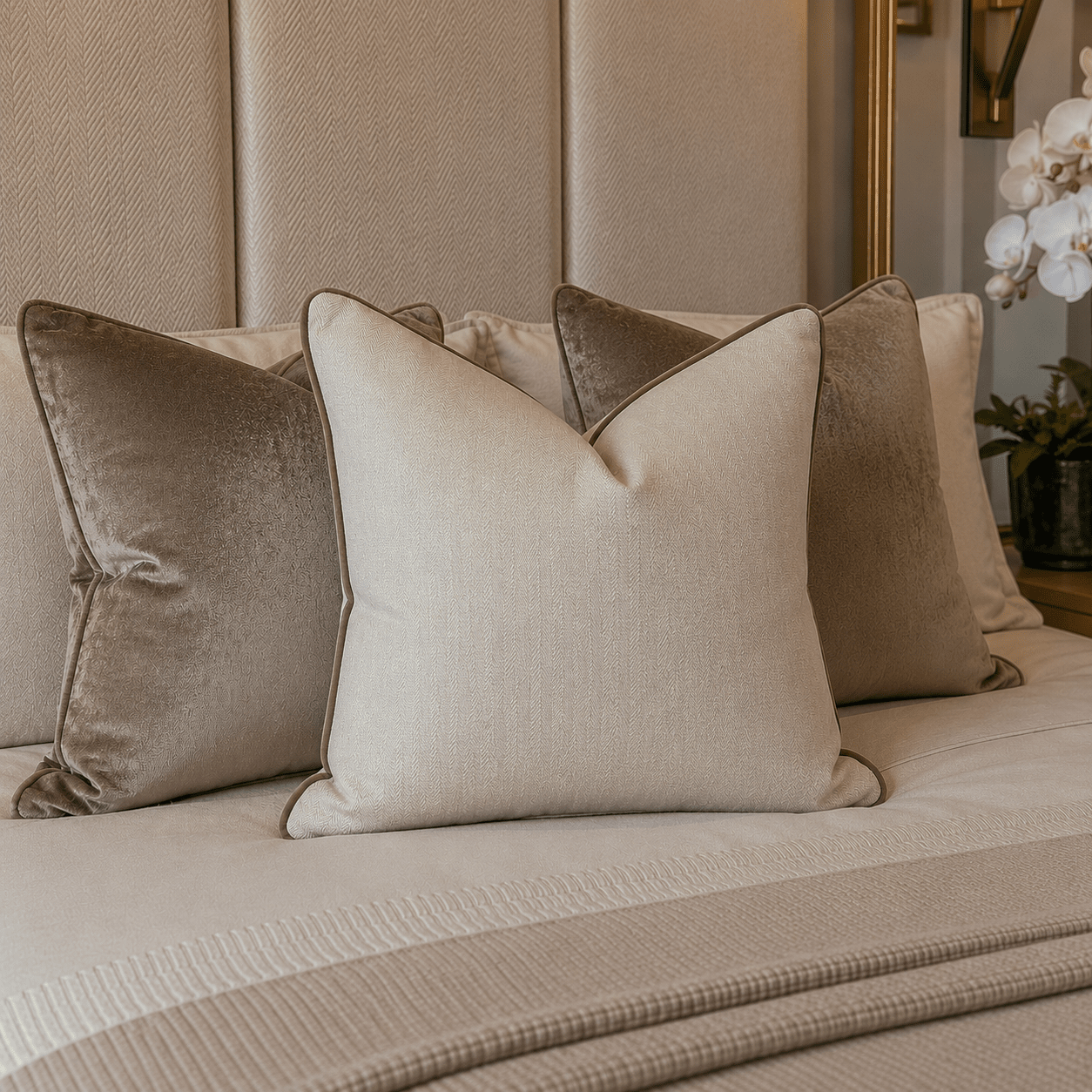 Malabar Almond Woven Feather Filled Cushion with Velvet Piping - 50x50cm