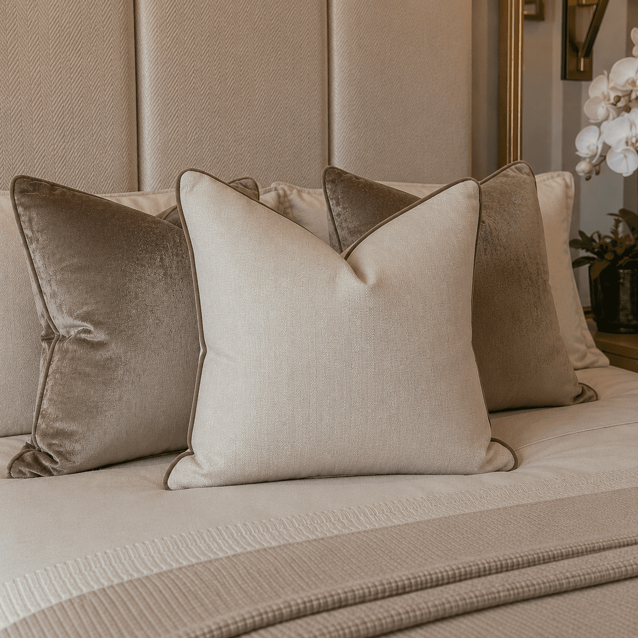 Malabar Almond Woven Feather Filled Cushion with Velvet Piping - 50x50cm 