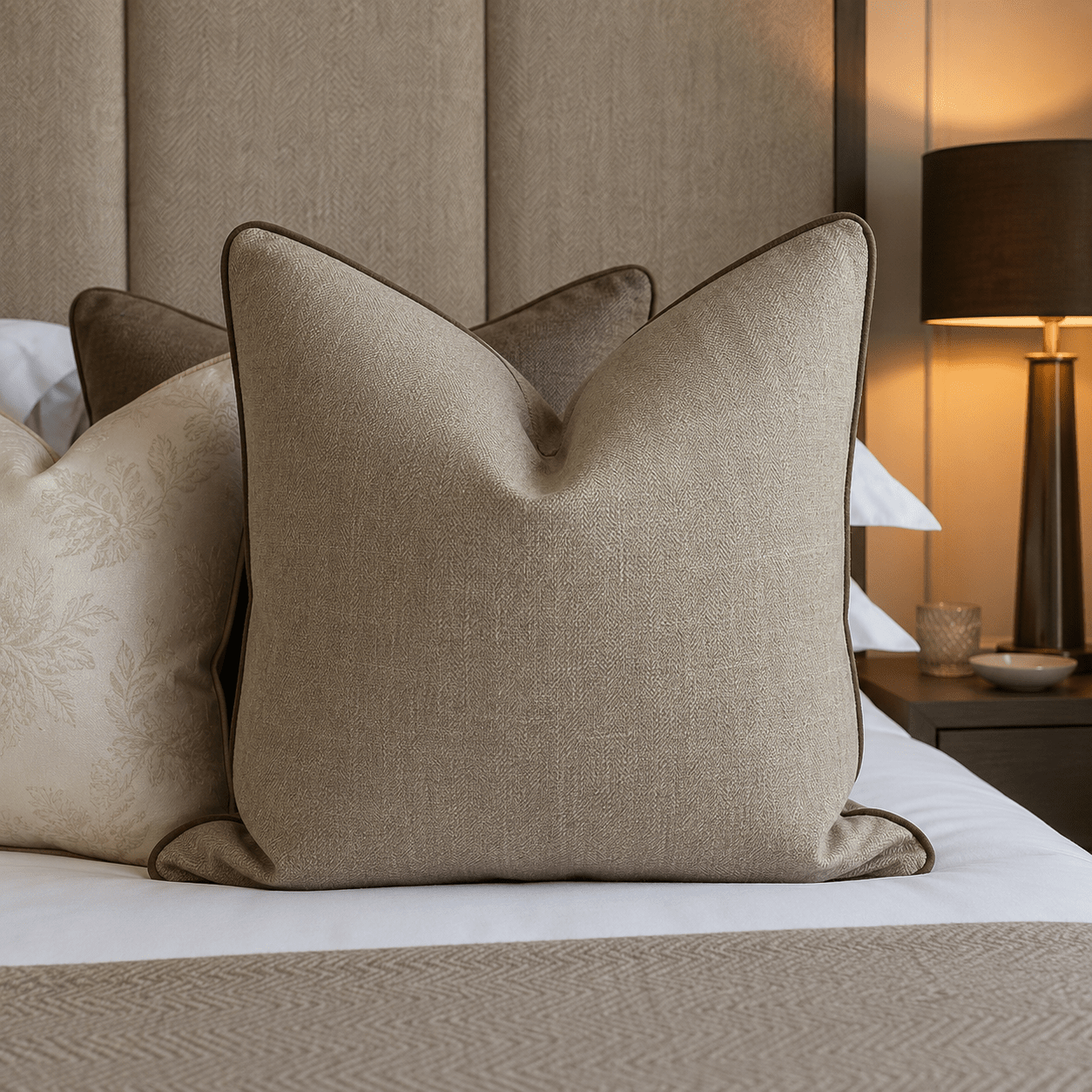 Malabar Pumice Woven Feather Filled Cushion with Velvet Piping - 50x50cm Textiles 