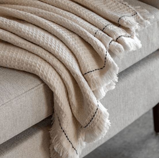 Marceline Cream Waffle Textured Throw with Black Stitched Border Textiles 