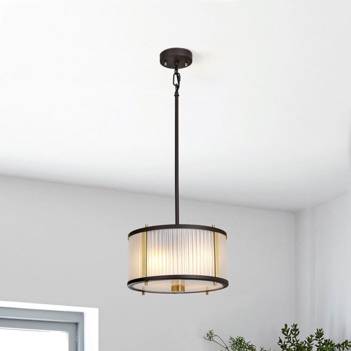 Maria Dark Brown & Brass Ribbed Glass 2 Light Pendant Ceiling Light Lighting 