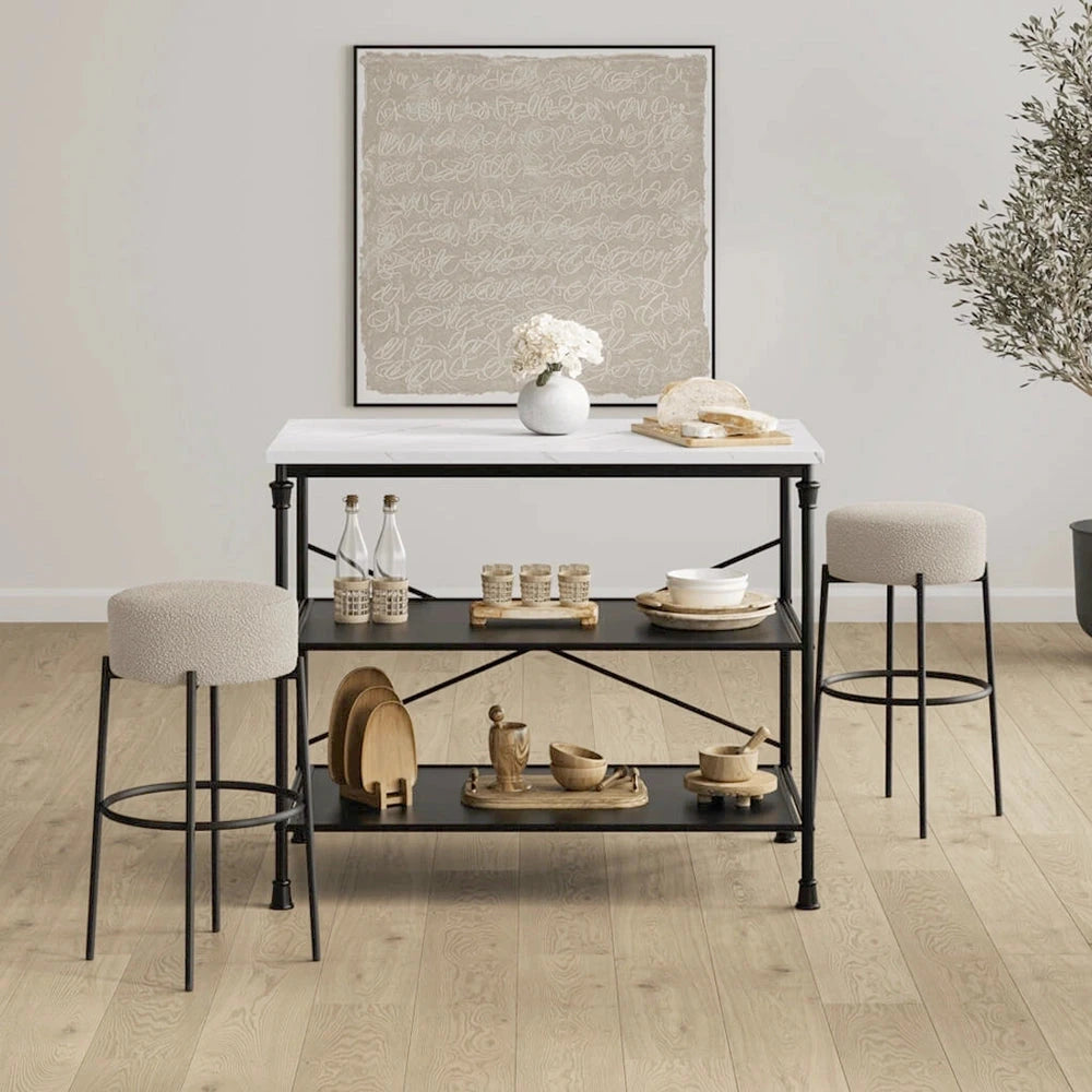 Mariah Beige Boucle Round Bar Stool with Black Legs Furniture 