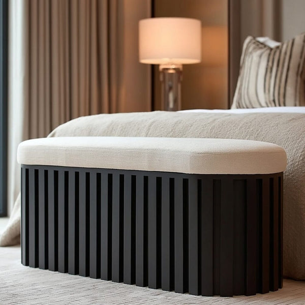 Mariana Black Slatted Bench with Cream Linen Upholstery Furniture 