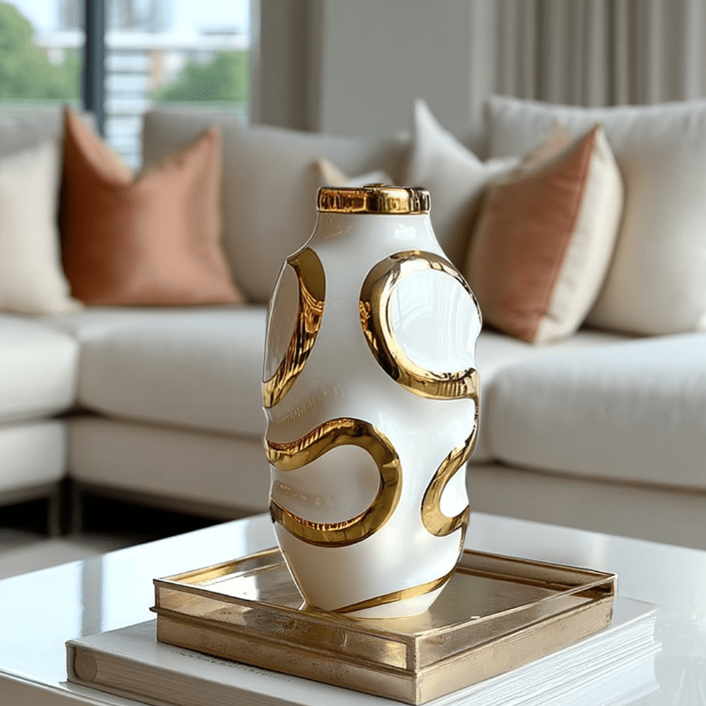Marigold Tall Gold & White Squiggle Decorative Vase Accessories 
