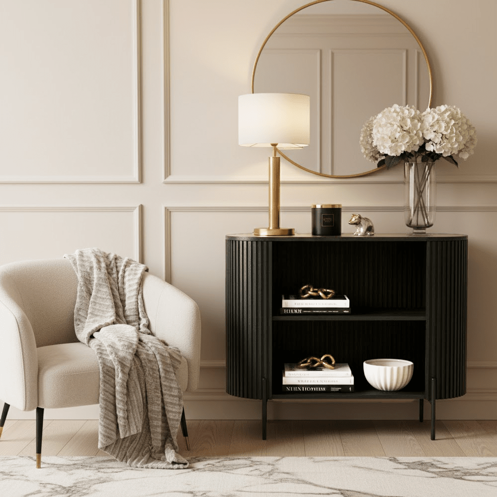 Massia Black Ribbed Open Sideboard – Rowen Homes