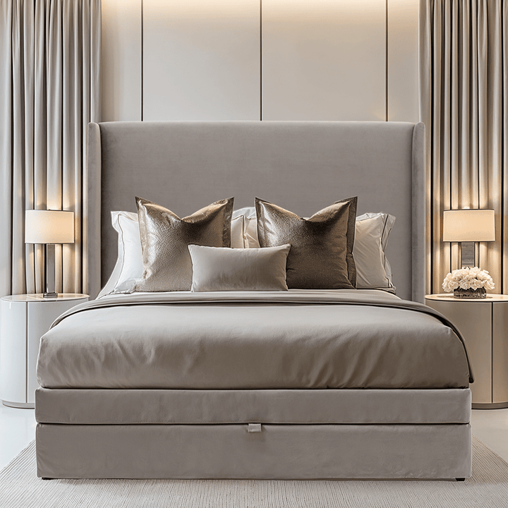 Matilda Taupe Velvet Winged Storage Bed Beds and Headboards 