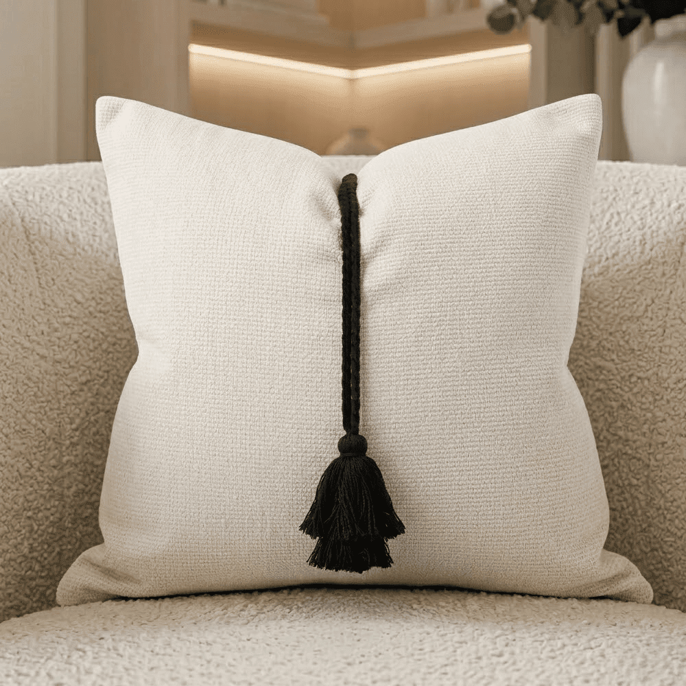 Maxone Cream & Black Tassel Detail Feather Filled Cushion - 45x45cm 