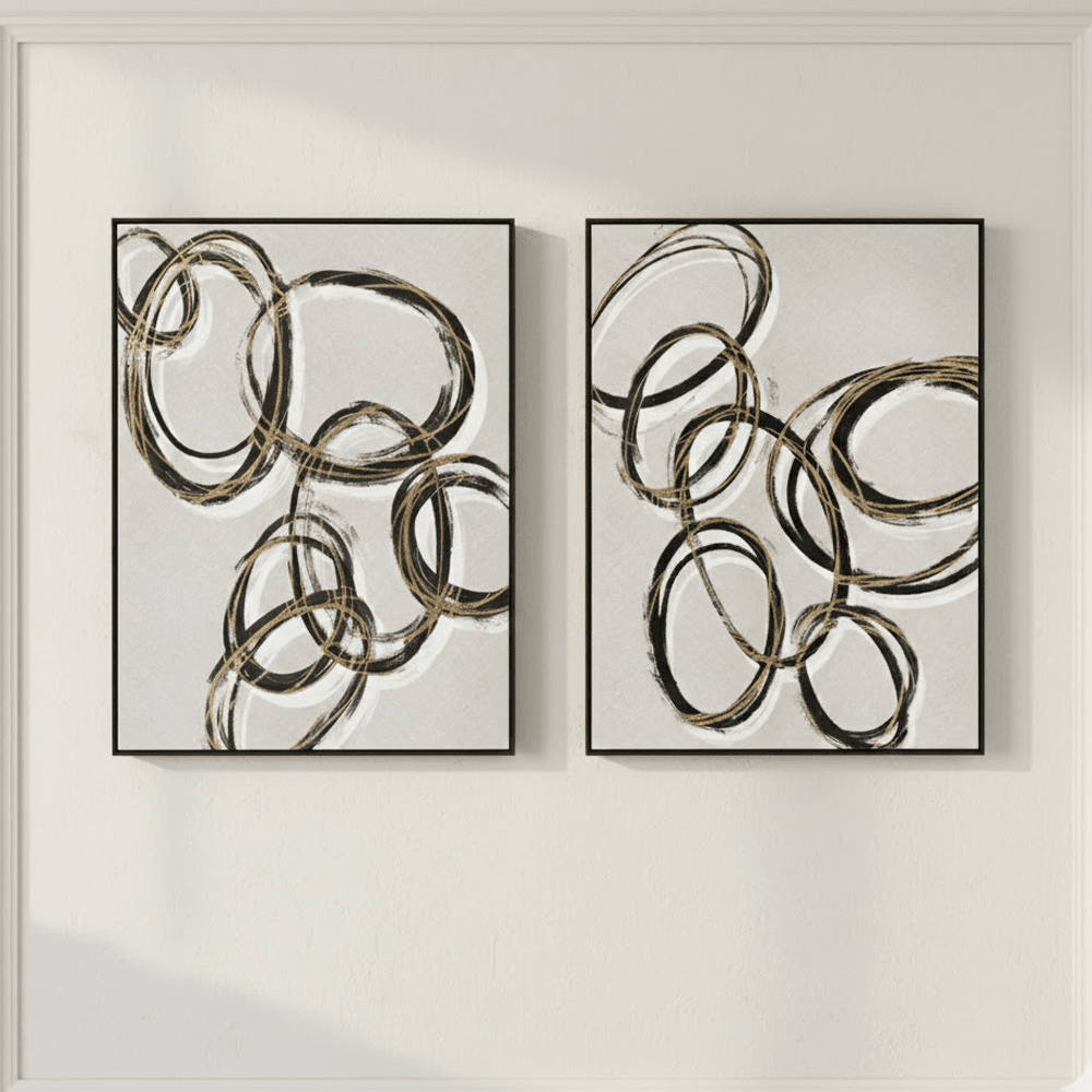 Mayce Abstract Gold & Black Circles Framed Canvas Wall Art - Set of 2 Accessories 