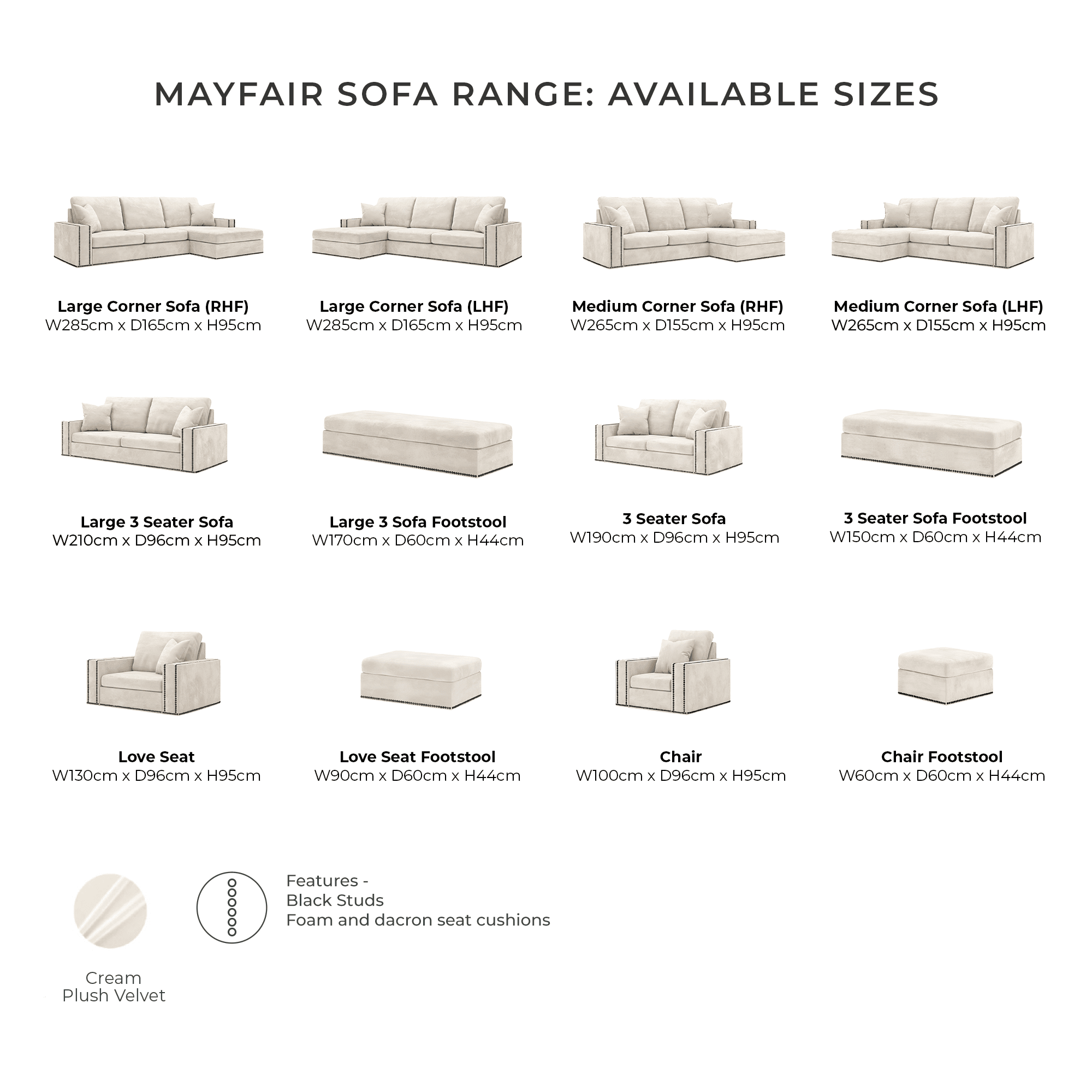 Mayfair Cream Velvet Sofa Collection, With Black Studs MTO Sofa 