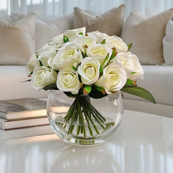 Medium Cream Faux Rose Arrangement in Fishbowl Vase Accessories 