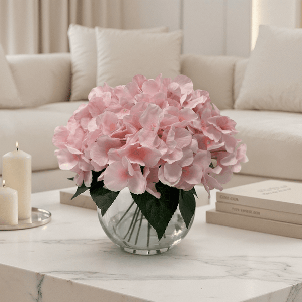 Medium Faux Dusky Pink Hydrangeas Floral Arrangement in Fishbowl Vase Accessories 