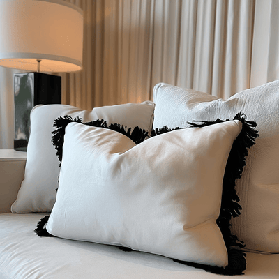 Melina Cream Velvet Bolster Cushion with Black Fringe Detailing - 35x50cm Accessories 