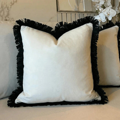 Melina Cream Velvet Cushion Cover with Black Fringe Detailing - 50x50cm Textiles 