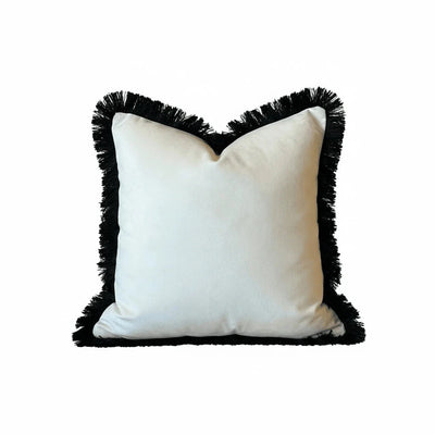 Melina Cream Velvet Cushion Cover with Black Fringe Detailing - 50x50cm Textiles 
