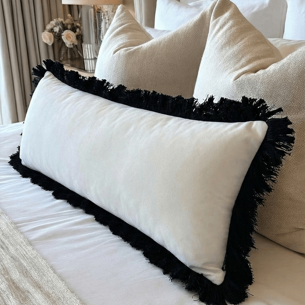 Melina Cream Velvet Fringed Long Bolster Cushion - 90x35cm Accessories 