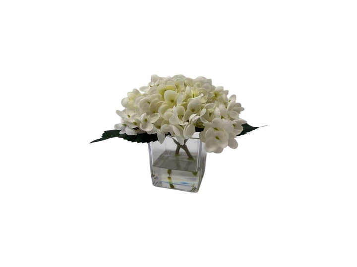 Mini Faux Cream Hydrangeas Floral Arrangement in Square Glass Vase Accessories 