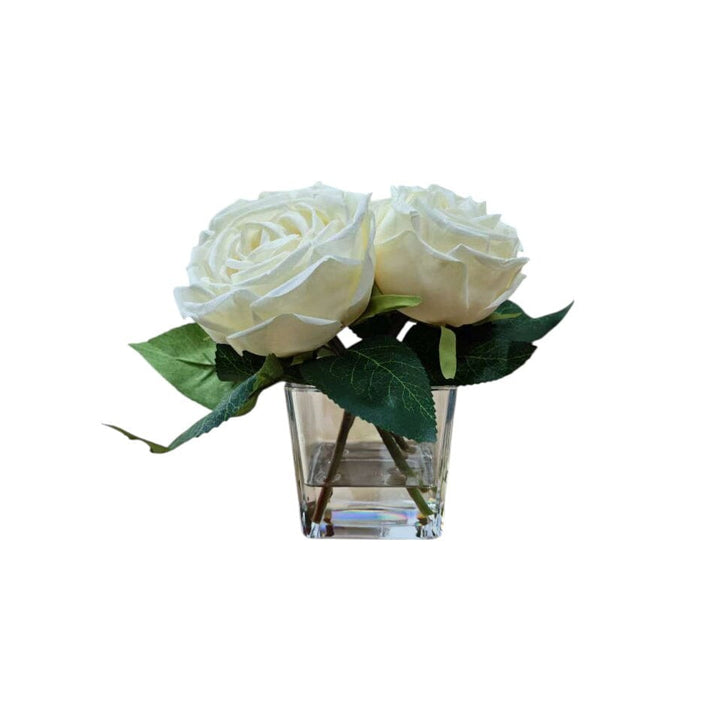 Mini Faux Cream Rose Floral Arrangement in Square Glass Vase Accessories 
