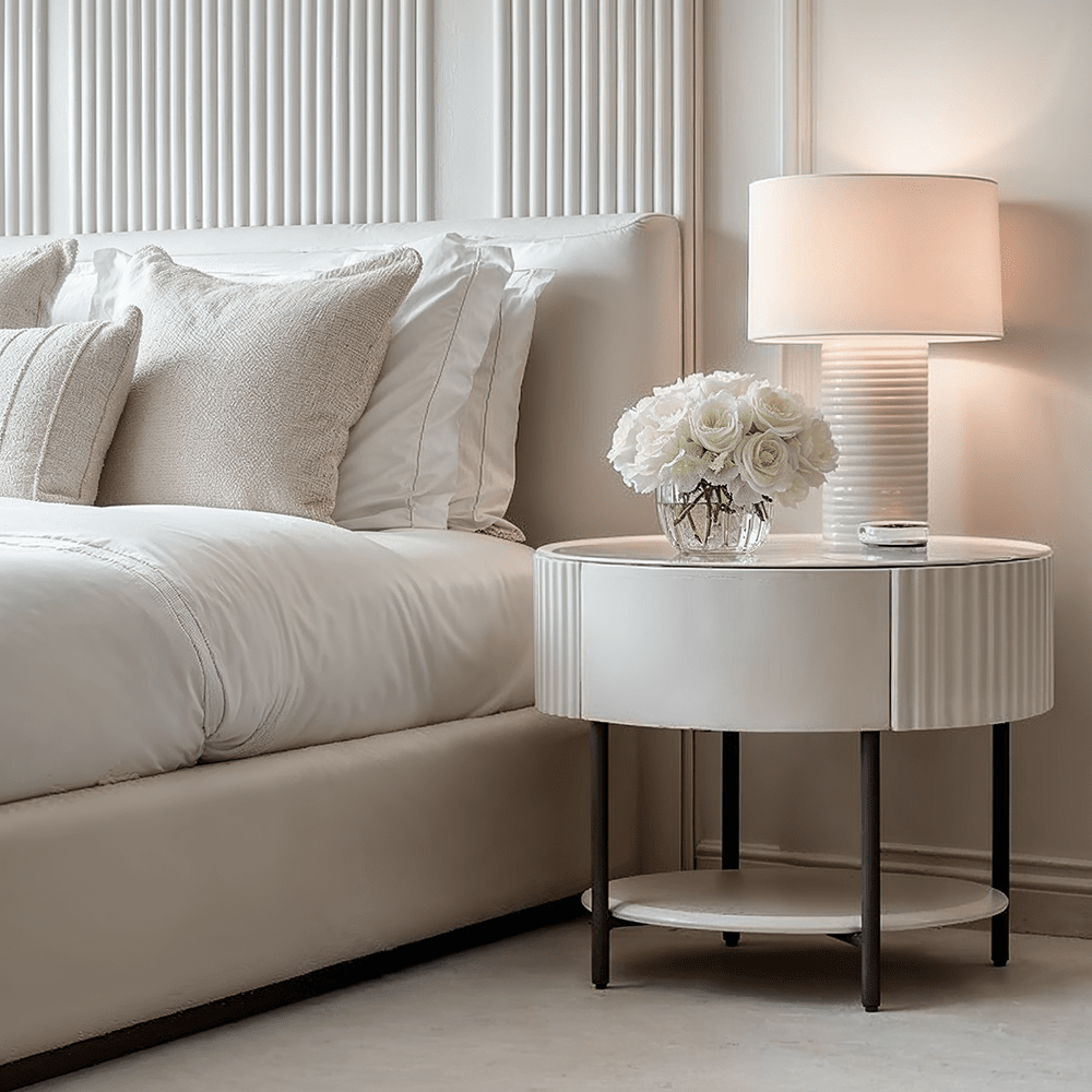 Mirabel Beige & Black Luxury Rounded Bedside Table Furniture 