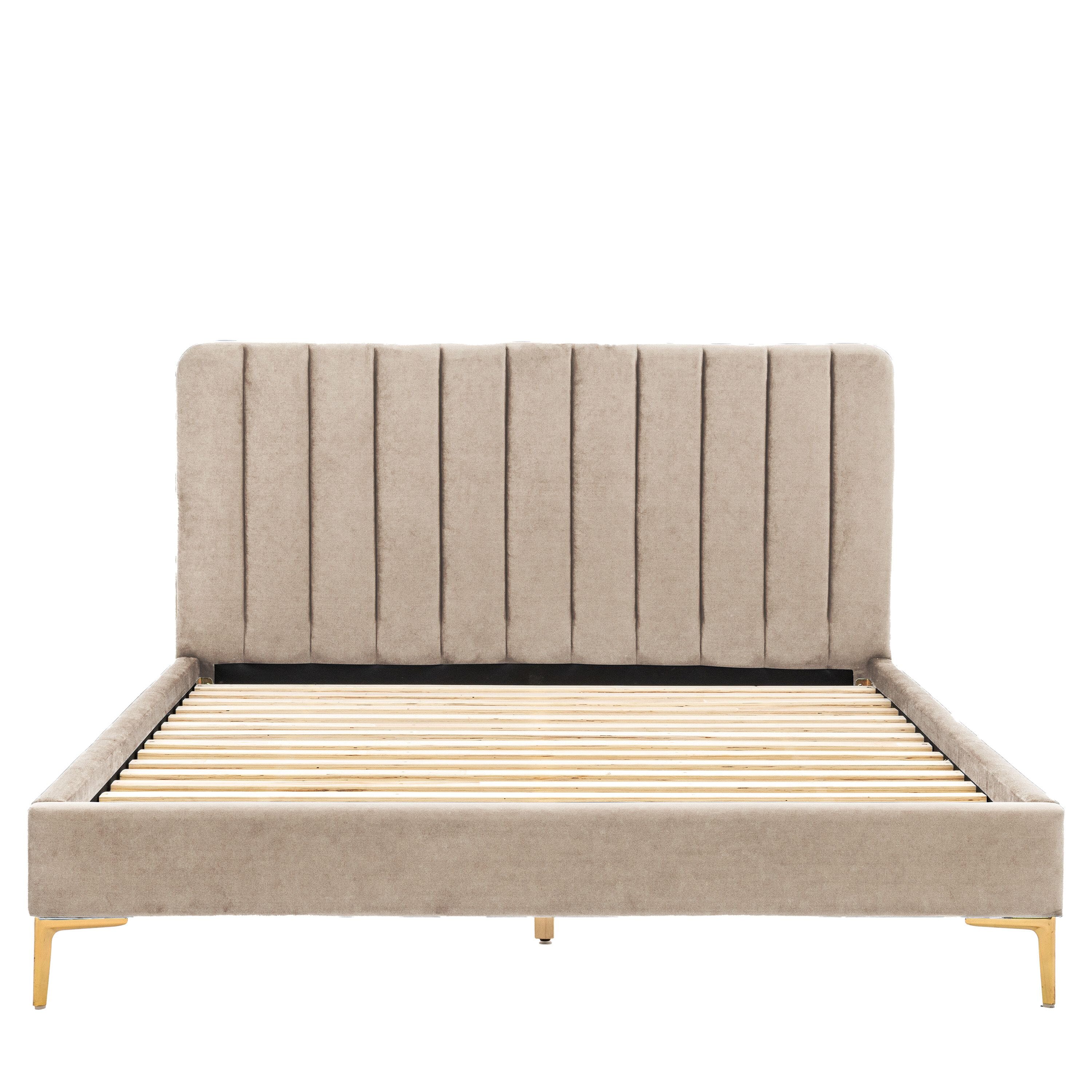 Mirabella Latte Velvet Luxury Channelled Bed with Gold Feet Beds and Headboards 