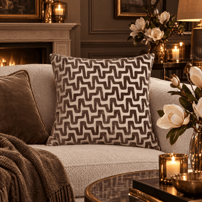 Monroe Brown & Cream Wavy Patterned Feather Filled Cushion - 56x56cm Textiles 