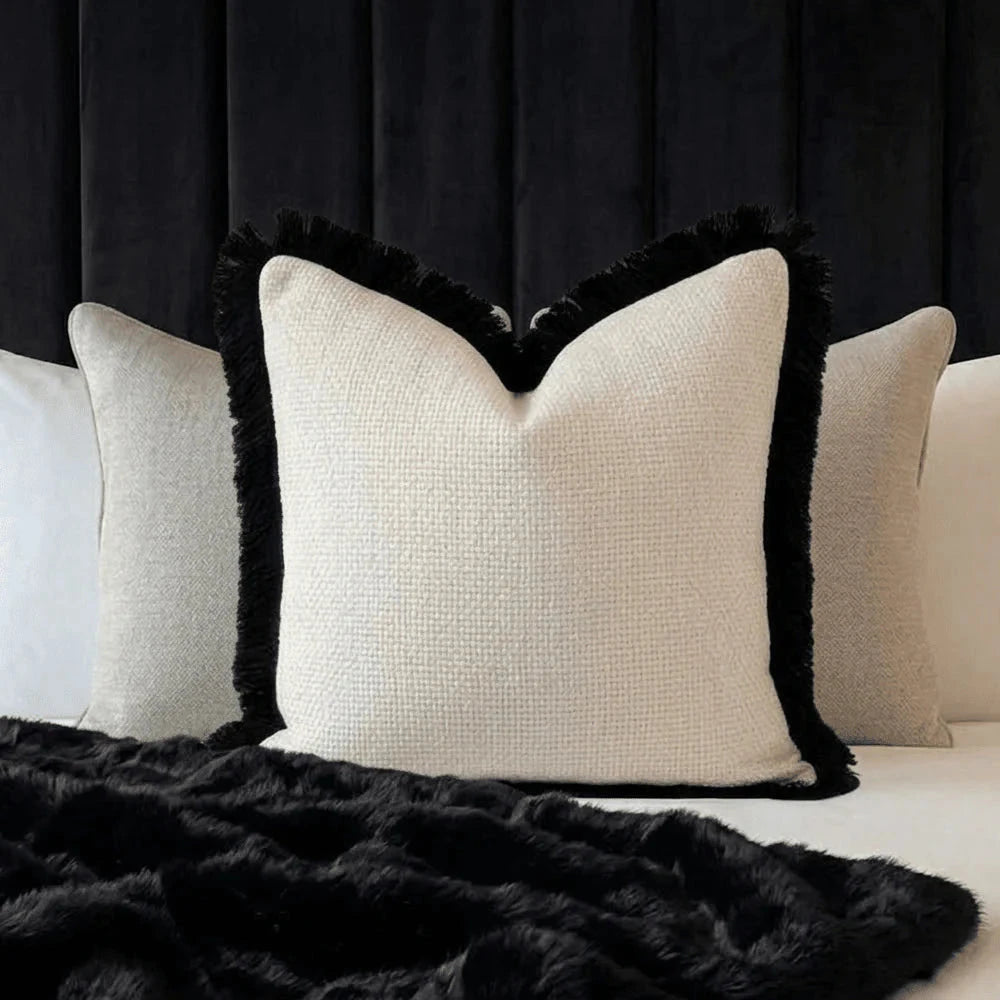 Nemia Cream Weaved Velvet Cushion Cover with Black Fringe Detail - 50x50cm Textiles 