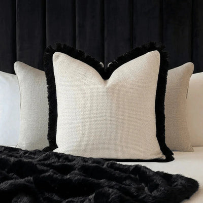Nemia Cream Weaved Velvet Cushion Cover with Black Fringe Detail - 50x50cm Textiles 