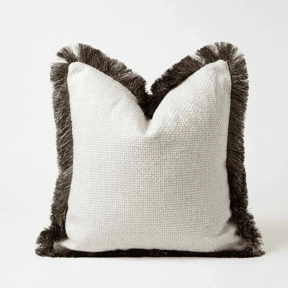 Nemia Cream Weaved Velvet Cushion Cover with Metallic Fringe Detail - 50x50cm Accessories 