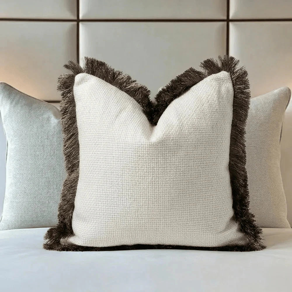 Nemia Cream Weaved Velvet Cushion Cover with Metallic Fringe Detail - 50x50cm Accessories 