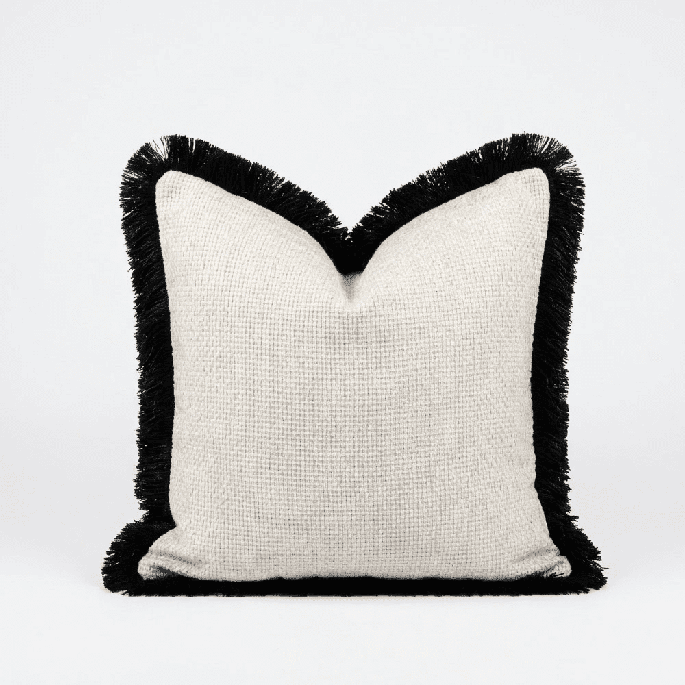 Nemia Cream Weaved Velvet Feather Filled Cushion with Black Fringe Detail - 50x50cm Textiles 
