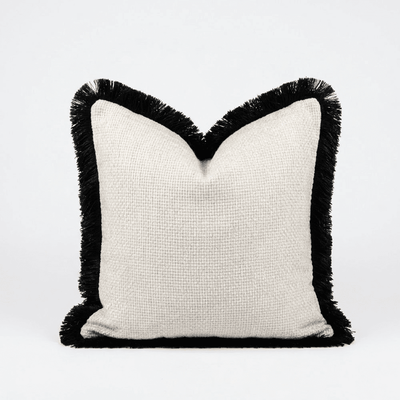 Nemia Cream Weaved Velvet Feather Filled Cushion with Black Fringe Detail - 50x50cm Textiles 