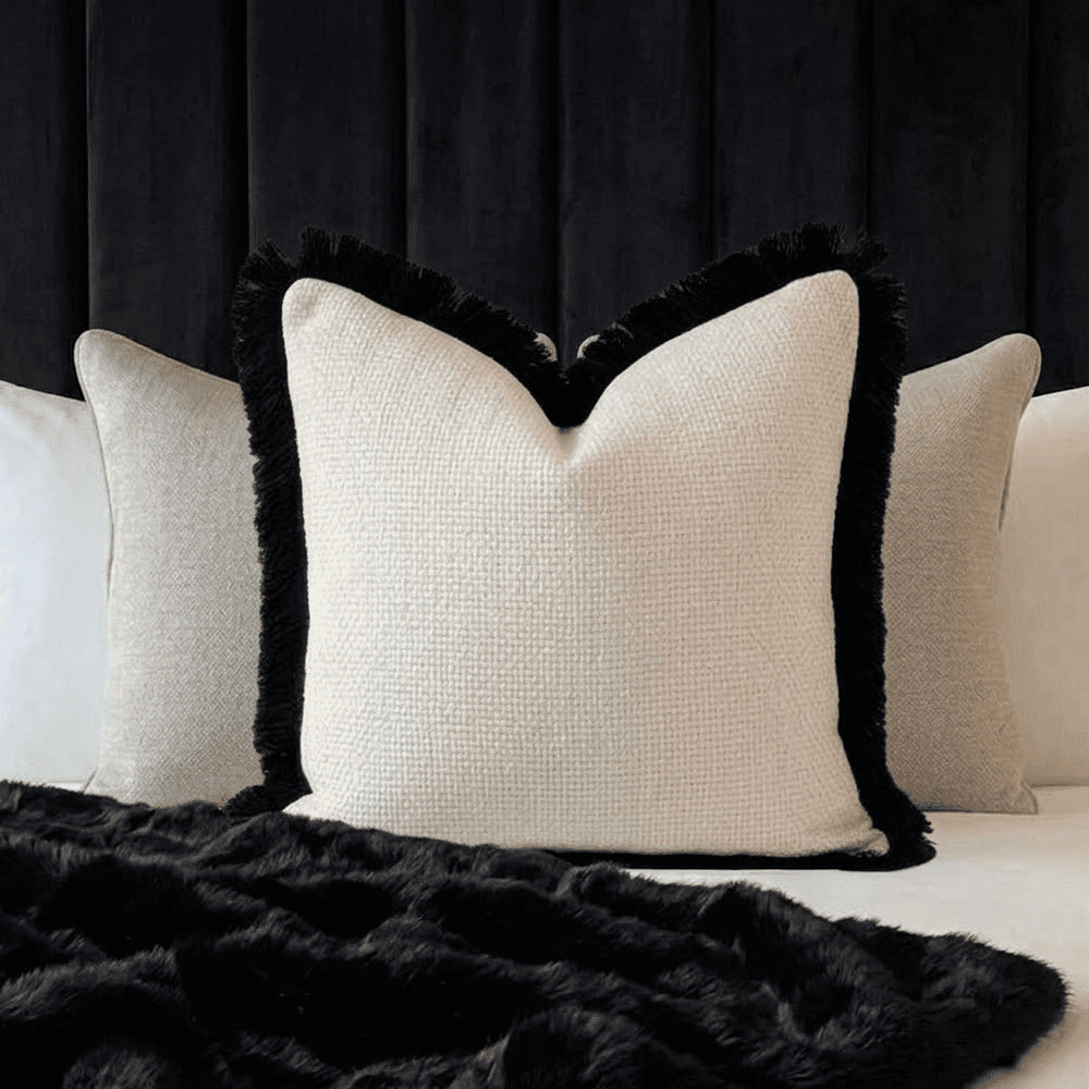 Nemia Cream Weaved Velvet Feather Filled Cushion with Black Fringe Detail - 50x50cm Textiles 