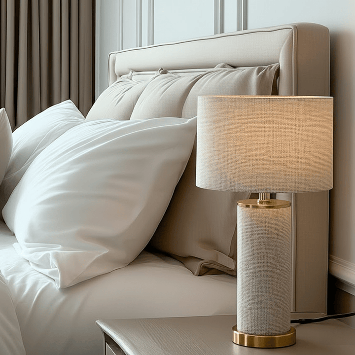 Nerisse Beige Linen Fabric Table Lamp with Gold Base Lighting 